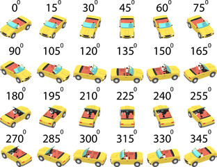 A set of 24 convertibles from different angles. Animation of the rotation of a car without roof with a driver by 15 degrees.  