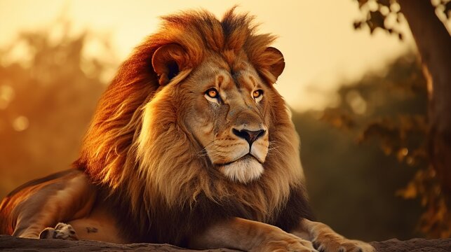 Animal wildlife photography lion with natural background in the sunset view, AI generated image