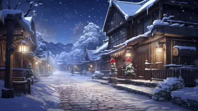 Christmas Eve, rural scenery with Christmas decorations in winter and snowfall. seamless looping time-lapse virtual 4k video animation background, cartoon or anime style. Generated with AI