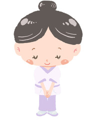 可愛いセラピストの女性　全身立ち姿　おじぎポーズ