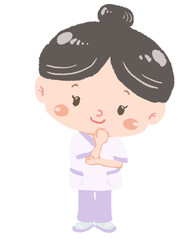 可愛いセラピストの女性　全身立ち姿　お悩みポーズ