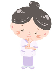 可愛いセラピストの女性　全身立ち姿　お悩みポーズ