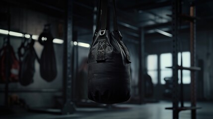 Punching bags in a gym. photo Detail of some boxing bags hanging in a gym