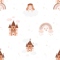 Vector seamless children's pattern with fairy, flowers, stars, castle, радугой. Fairy with a magic wand vector illustration. Seamless pattern with cartoon fairy for baby.