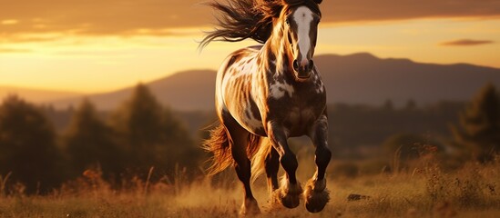 Animal photography horse with natural background in the sunset view, AI generated image - obrazy, fototapety, plakaty