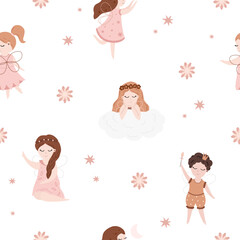 Vector seamless children's pattern with fairy, flowers, stars and other elements. Fairy with a magic wand vector illustration. Seamless pattern with cartoon fairy for baby.	
