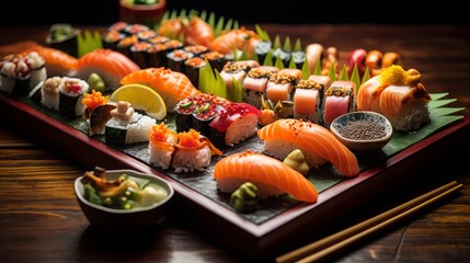 food photography, amazing platter of sushi, 16:9