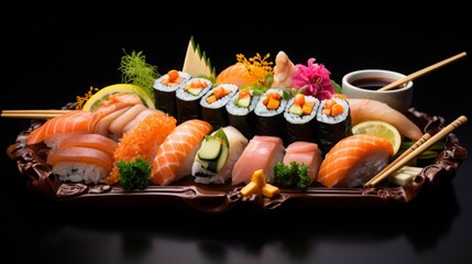  food photography, amazing platter of sushi, 16:9