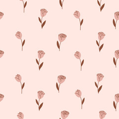 Seamless pattern with doodle roses. Cute pink vector illustration with abstract flowers
