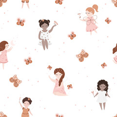 Vector seamless children's pattern with fairy, flowers, stars and other elements. Fairy with a magic wand vector illustration. Seamless pattern with cartoon fairy for baby.