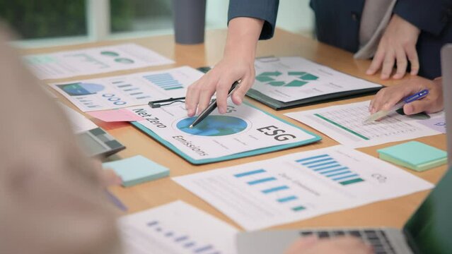 Carbon offset price report CO2 emission. Future growth Net zero waste in ESG ethical SME office protect climate change global warming social issues clean project. Group people Eco friendly SDGs plan.