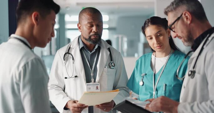 Doctors, nurses and team planning, hospital management and workflow discussion for schedule, advice or services. Healthcare worker, mentor and people with medical documents, clinic files and meeting