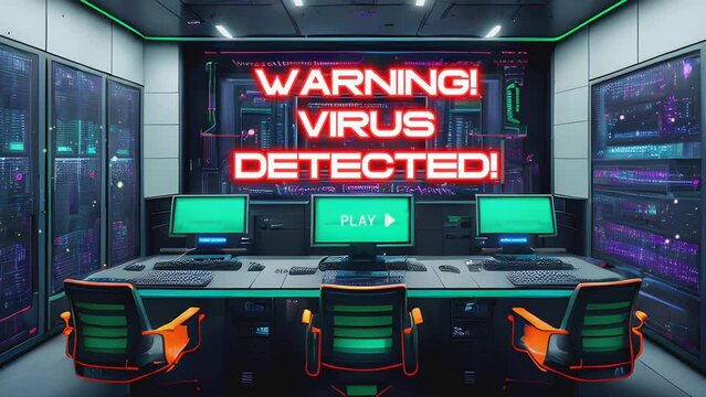 "WARNING VIRUS DETECTED" Text motion in big screen with modern administration room background. Cartoon or anime style. seamless looping 4K virtual video animation.