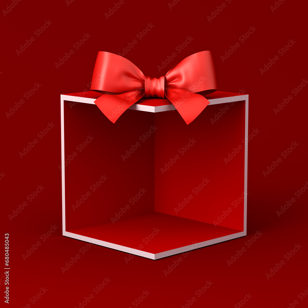 Poster Blank products display red corner gift box mockup stand showcase with red ribbon bow isolated on dark red background minimal conceptual 3D rendering