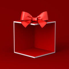Blank products display red corner gift box mockup stand showcase with red ribbon bow isolated on dark red background minimal conceptual 3D rendering