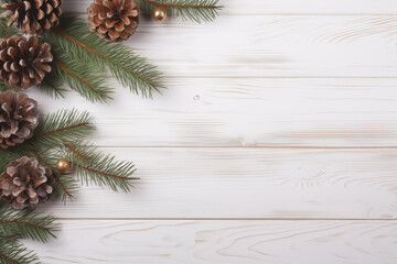 Fototapeta na wymiar christmas background with fir branches and cones.Top lay