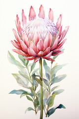 A delicate watercolor portrayal of the Protea flower against a pristine white background. The soft brushstrokes and harmonious colors create an elegant and timeless piece, adding a touch of nature's b - obrazy, fototapety, plakaty