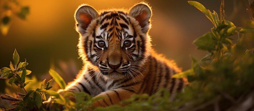 Animal wildlife baby tiger with natural background in the sunset view, AI generated