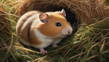 Cute hamster exploring woodland home, generative AI