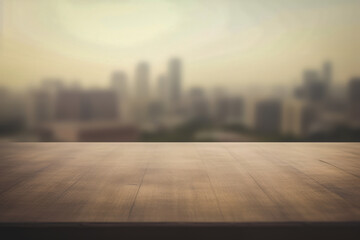 a wooden table top with a blurred cityscape background