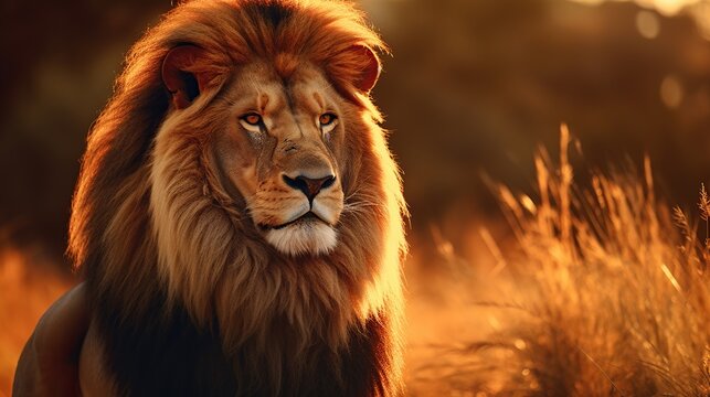 Animal wildlife photography lion with natural background in the sunset view, AI generated image