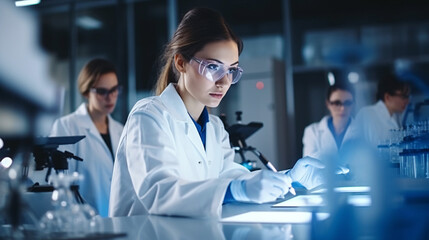 Female scientist working in laboratory. Young scientist in white coat and glasses working with test tubes and microscope. Science, chemistry, biology, medicine and people concept.