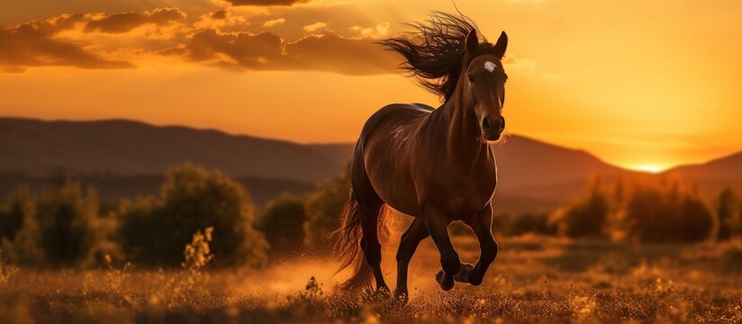 Animal photography running horse with natural background in the sunset view, AI generated