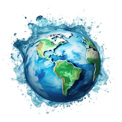 earth planet in splash of water on white