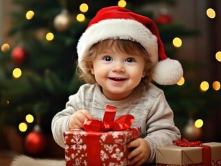Little child in Santa hat with gift box