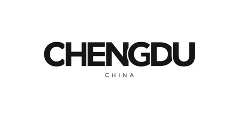 Chengdu in the China emblem. The design features a geometric style, vector illustration with bold typography in a modern font. The graphic slogan lettering.