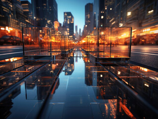 Bokeh, motion blur, and the reflection of a skyscraper facade in a glass panel enhance the real estate concept set against a backdrop of futuristic urban and corporate architecture.