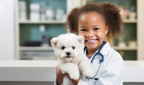 Black little girl dressed up as a veterinarian holding a dog, professional portrait
