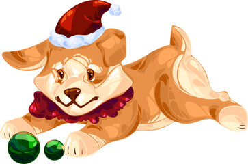 Christmas puppy Welsh Corgi Pembroke plays with Christmas tree toys
