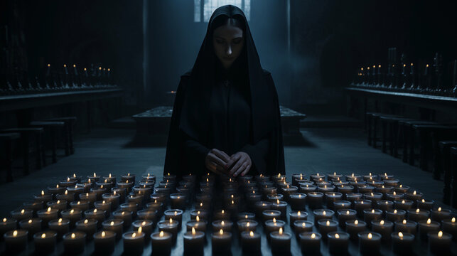 A young nun in black clothes with a lot of candles around her