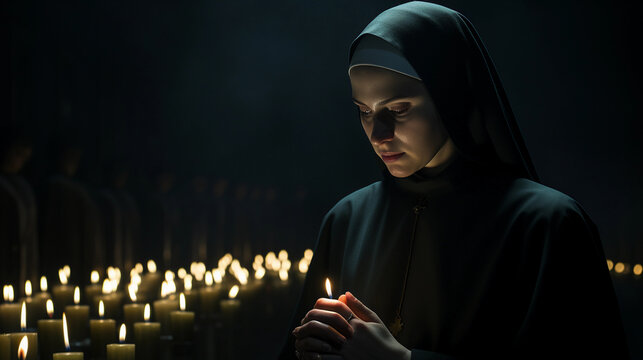 A young nun in black clothes with a lot of candles around her