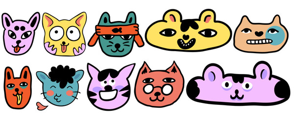 set of cats in vector.colored animal heads in doodle style.Template for sticker avatar poster flyer logo. Series of cats in flat style