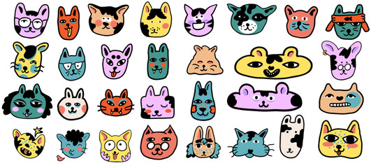 set of cats in vector.colored animal heads in doodle style.Template for sticker avatar poster flyer logo. Series of cats in flat style