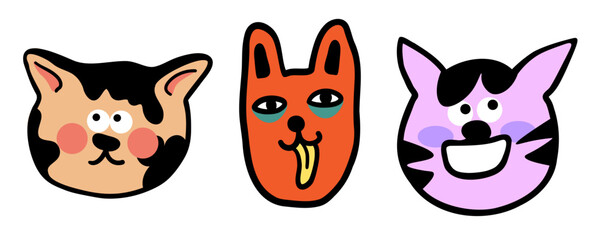 Fototapeta premium set of cats in vector.colored animal heads in doodle style.Template for sticker avatar poster flyer logo. Series of cats in flat style