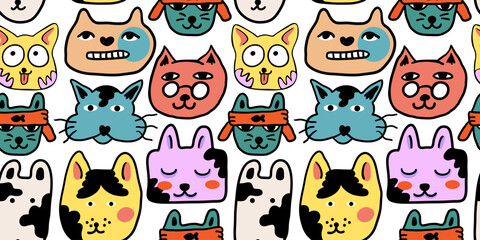 seamless pattern with cats in vector.colored wallpaper in doodle style.Template for background, printing on fabric and merch. A series of patterns with cat faces in flat style