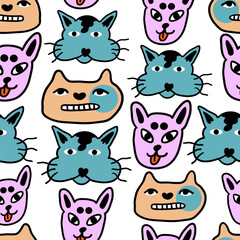 Obraz premium seamless pattern with cats in vector.colored wallpaper in doodle style.Template for background, printing on fabric and merch. A series of patterns with cat faces in flat style