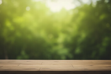 a wooden table top with a blurred green forest background.
