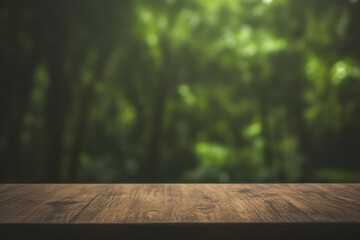 a wooden table top with a blurred green rain forest background - Powered by Adobe