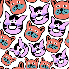 seamless pattern with cats in vector.colored wallpaper in doodle style.Template for background, printing on fabric and merch. A series of patterns with cat faces in flat style