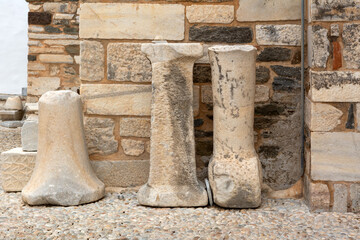 Archaeological ruins in the Byzantine Museum of Paros in the Ekatontapiliani complex, in Parikia....