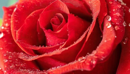 Macro view of water droplets on the petals of a red rose.