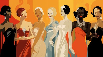 pop art deco, ladies of different ethnicities at a art deco ball, 16:9 - obrazy, fototapety, plakaty