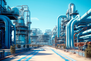 Naklejka premium Industrial zone. The equipment of oil refining. Concept supplying propane to factory. Supply of production with energy resources.