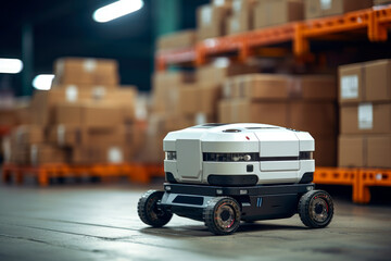 Mobile smart robot with four wheels in industrial warehouse. Robot on wheels for logistics management.