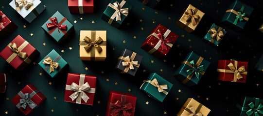 Banner of Many gift boxes with bows on dark table. Top view, flat lay.