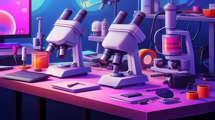 A high-quality digital microscope with various lenses. Digital concept, illustration painting.